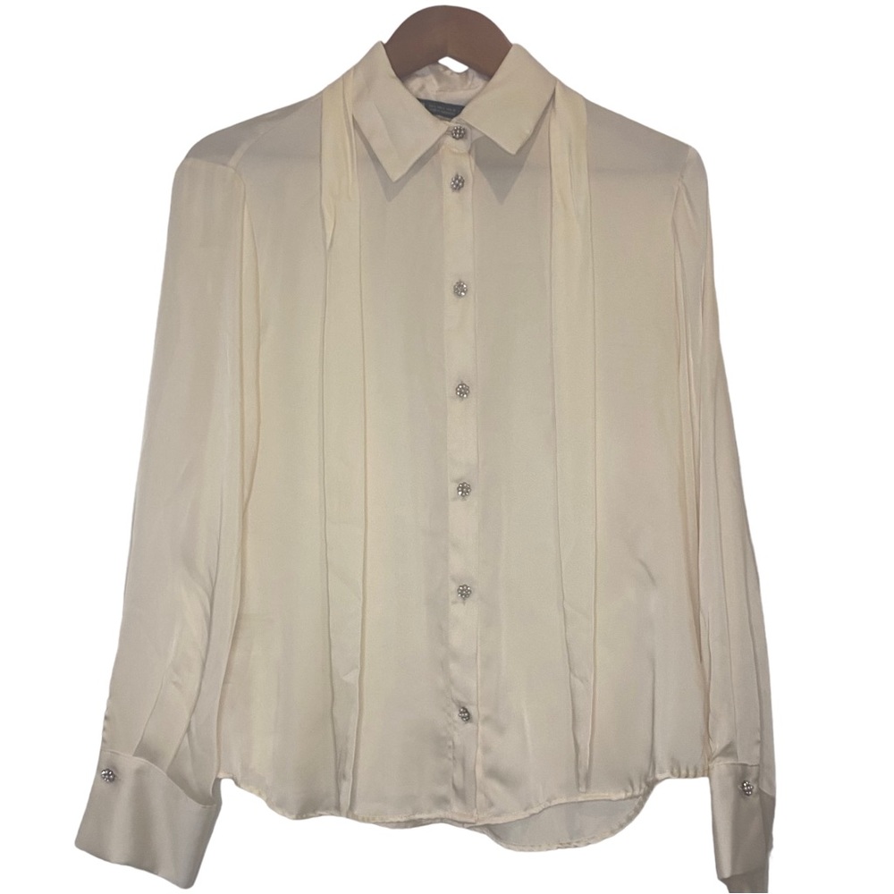 NWT Zara Silk Like Cream Button Up Blouse Women’s Large Jeweled Pearl Buttons